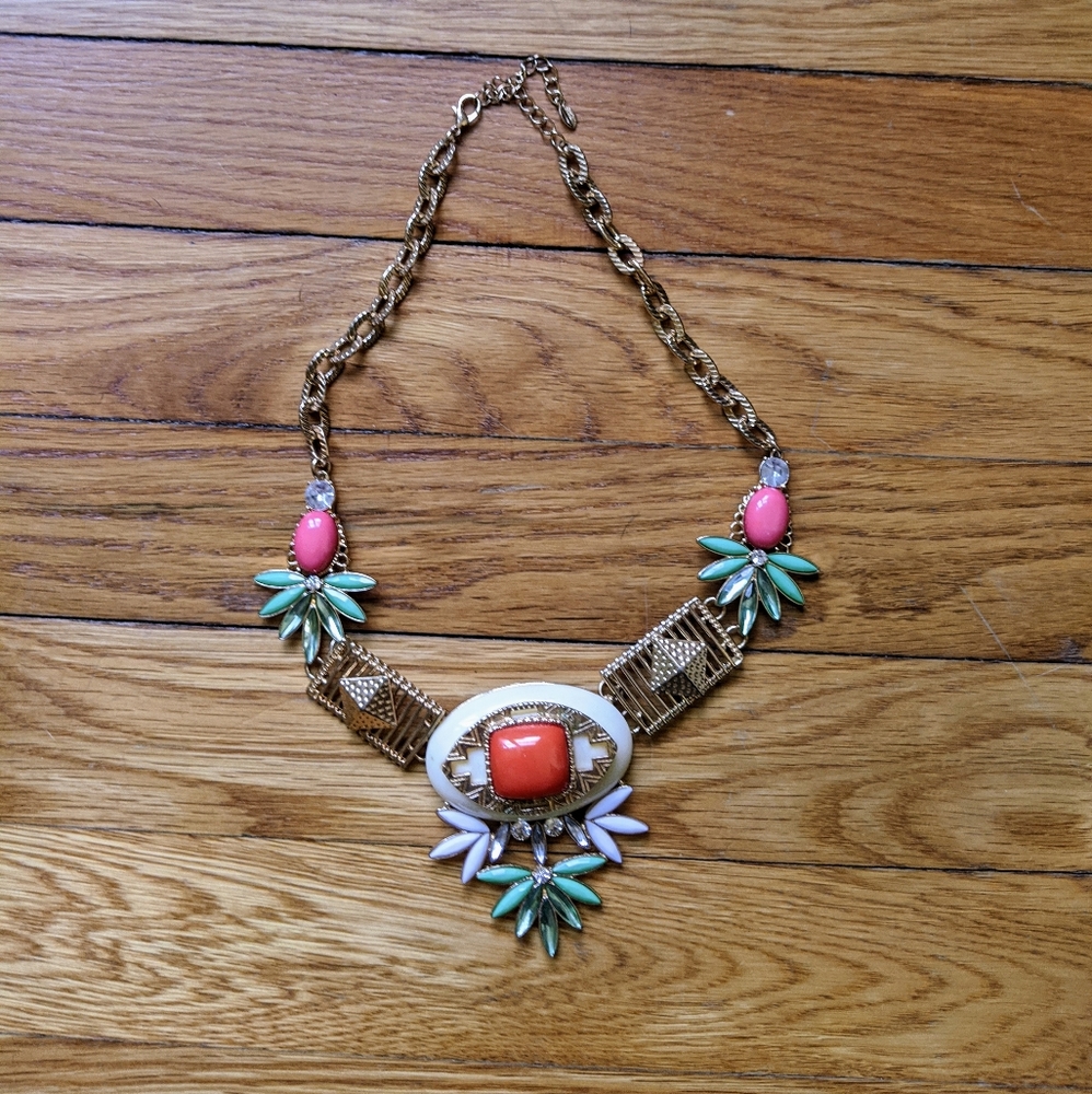 Statement necklace in tropical orange, green, gold